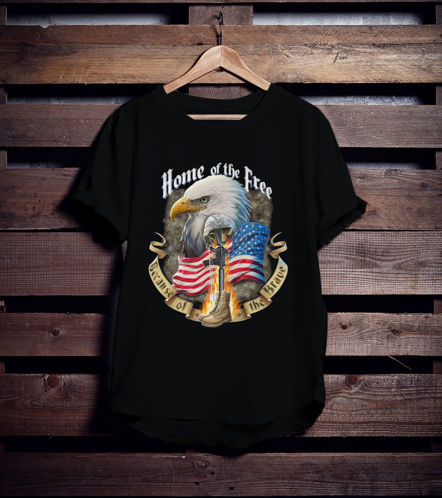 Home Of The Free Because Of The Brave American Eagle Soldier Helmet Flag T-Shirt