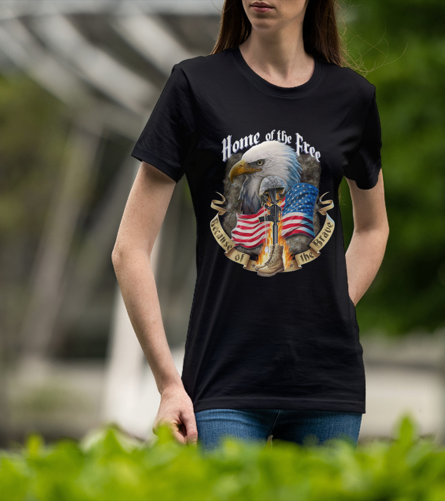 Home Of The Free Because Of The Brave American Eagle Soldier Helmet Flag T-Shirt