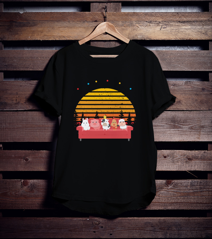 Friends Not Food Animal Characters On Red Couch With Sunset Background T-Shirt