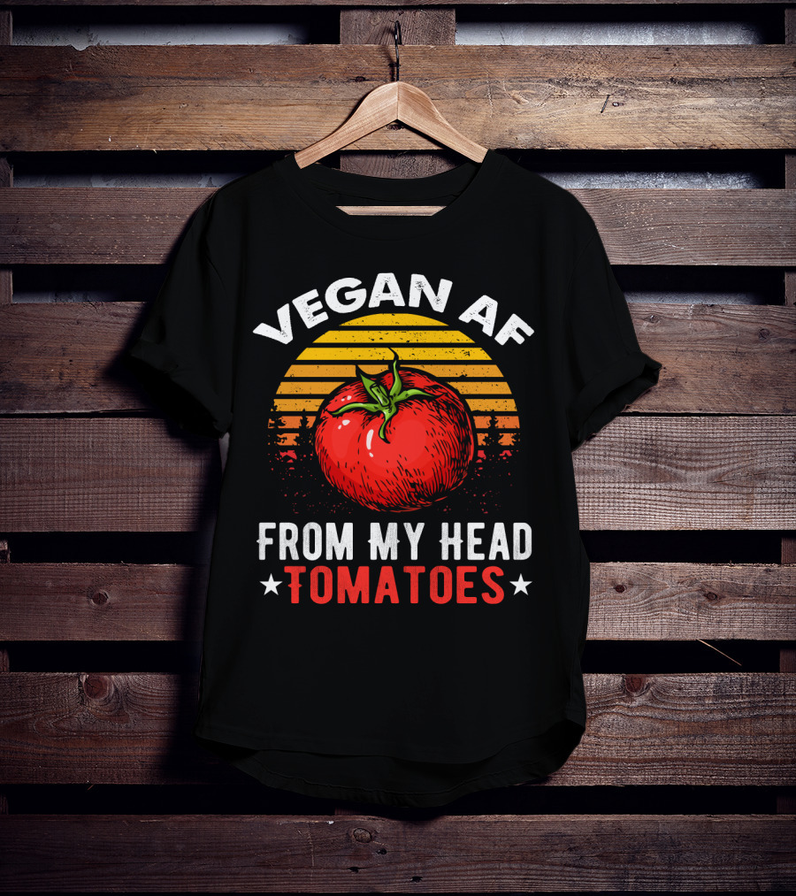 VEGAN AF FROM MY HEAD TOMATOES Retro Sunset Tomato Veggie Joke T-Shirt