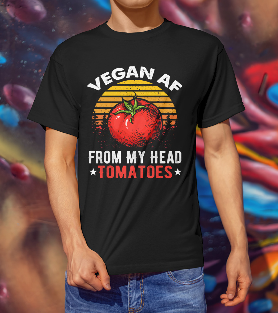 VEGAN AF FROM MY HEAD TOMATOES Retro Sunset Tomato Veggie Joke T-Shirt