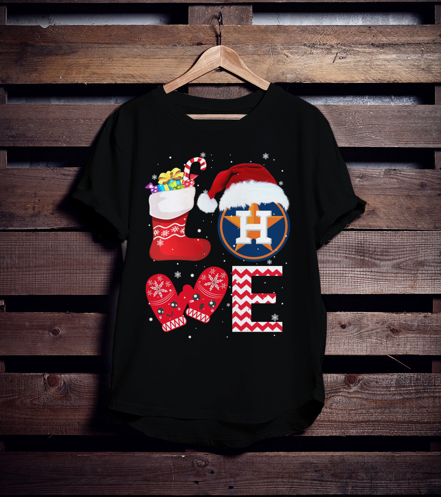 Christmas Love Houston Astros Snowflake Stocking Mittens Santa Hat T-Shirt