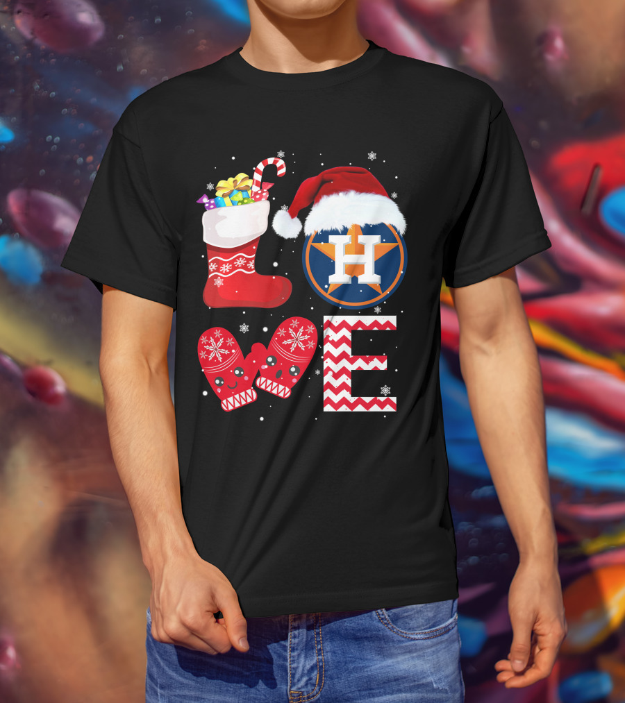 Christmas Love Houston Astros Snowflake Stocking Mittens Santa Hat T-Shirt