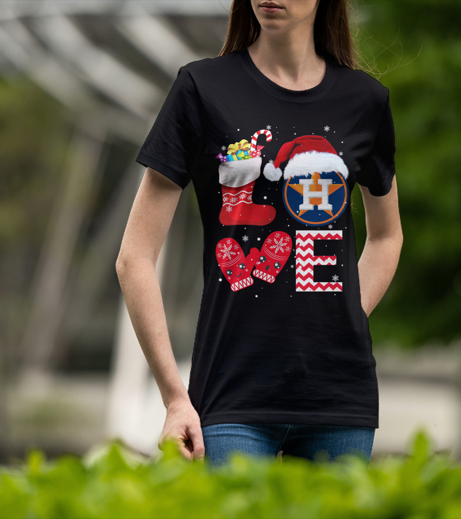 Christmas Love Houston Astros Snowflake Stocking Mittens Santa Hat T-Shirt