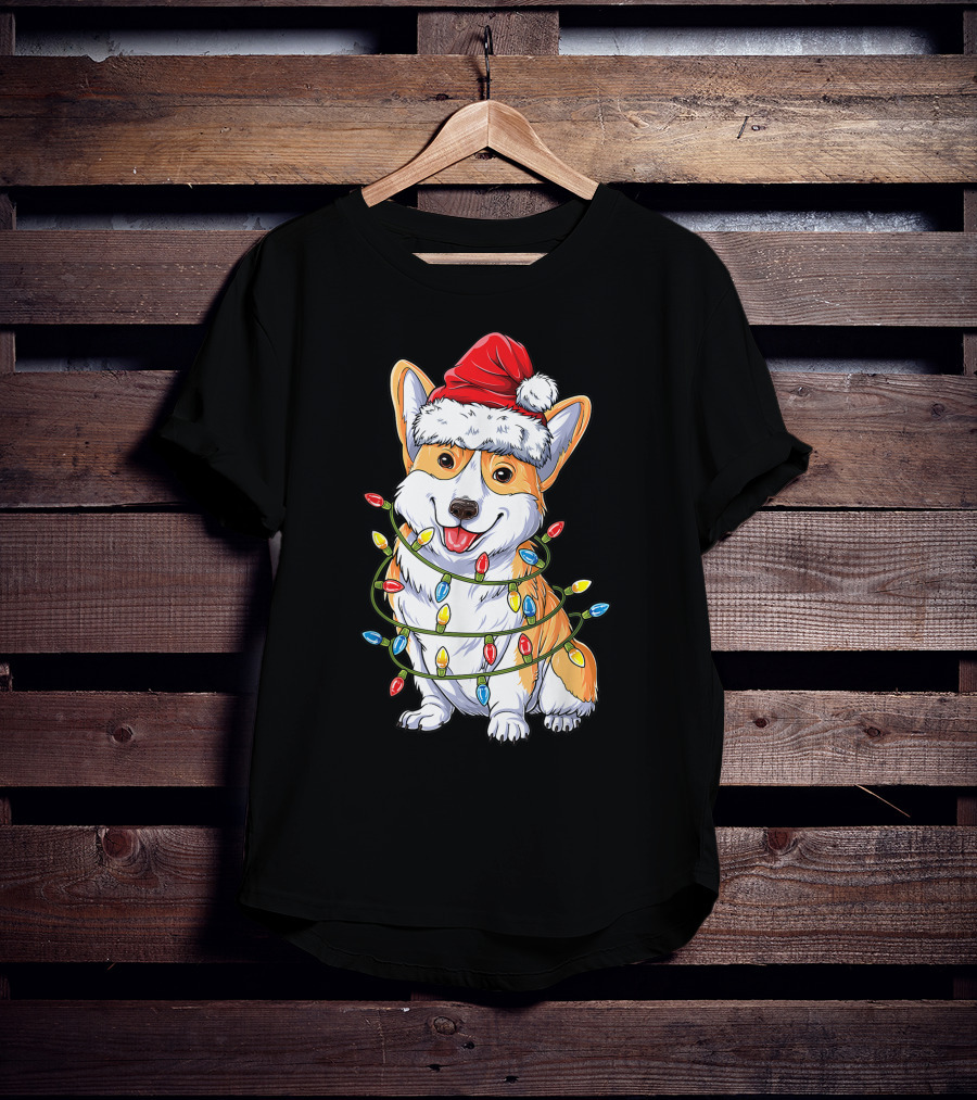 Corgi Dog Christmas Lights Ugly Sweater Santa Hat T-Shirt