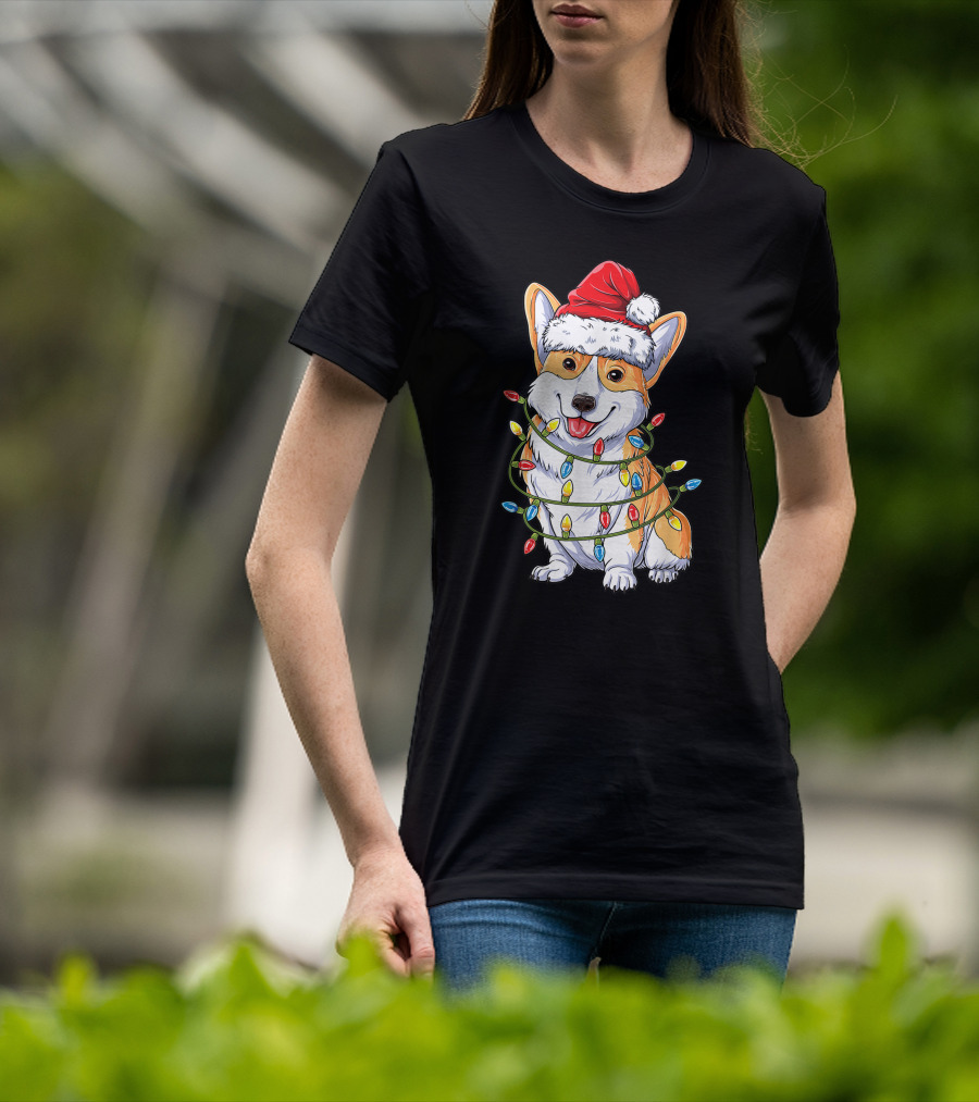 Corgi Dog Christmas Lights Ugly Sweater Santa Hat T-Shirt