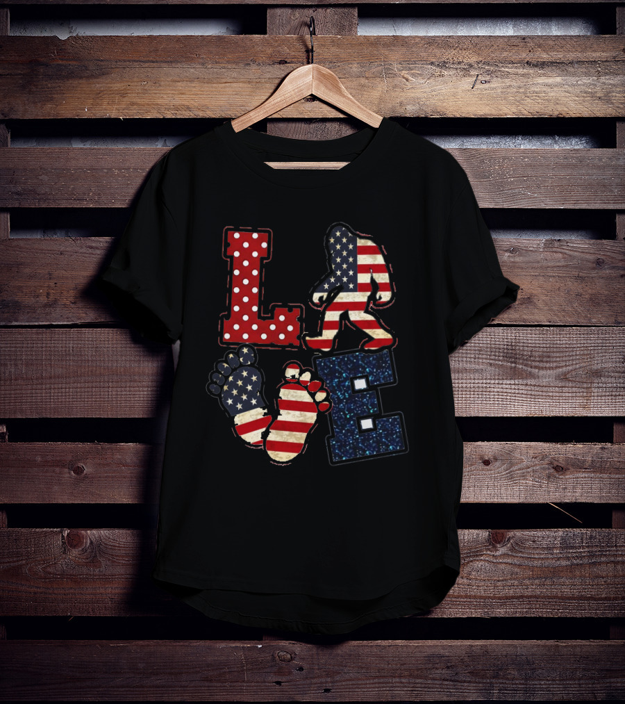Patriotic Bigfoot Love American Flag T-Shirt