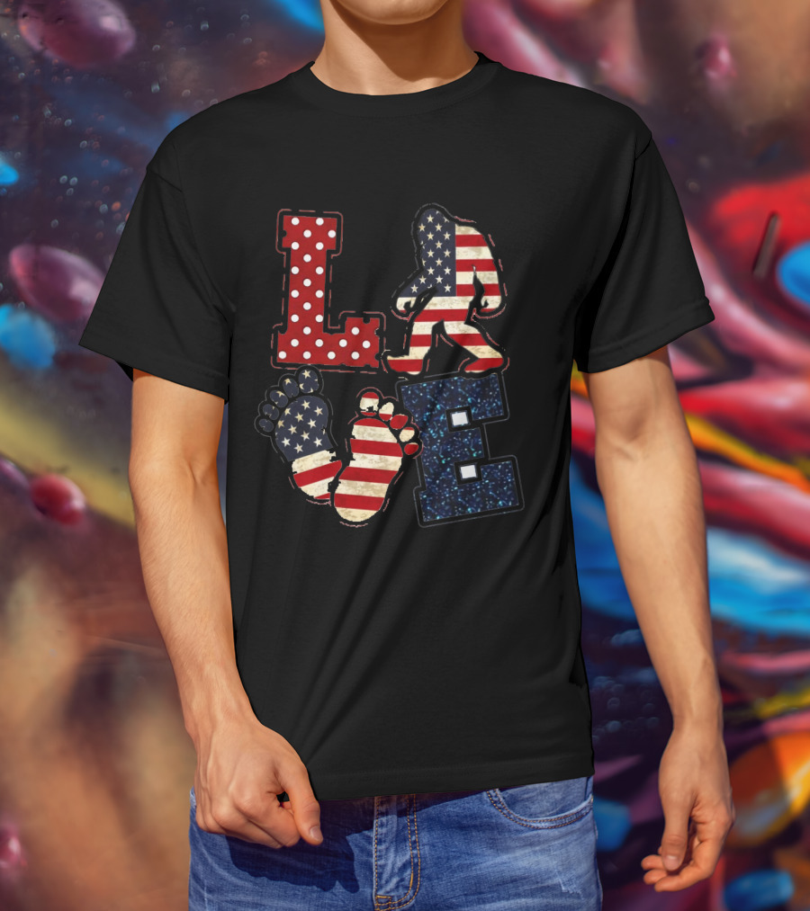 Patriotic Bigfoot Love American Flag T-Shirt