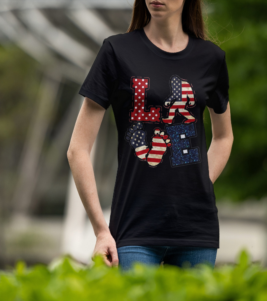 Patriotic Bigfoot Love American Flag T-Shirt