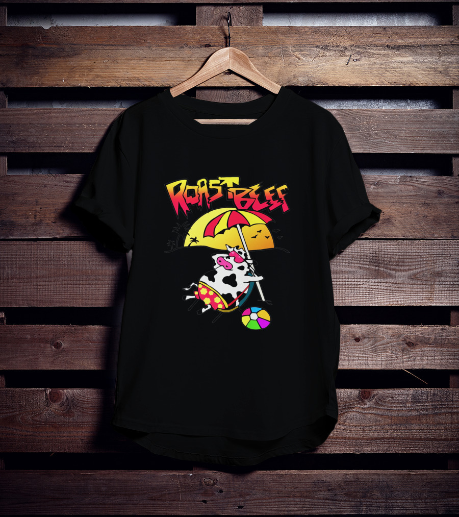 Roast Beef Sunset Cow With Umbrella And Beach Ball Fun T-Shirt