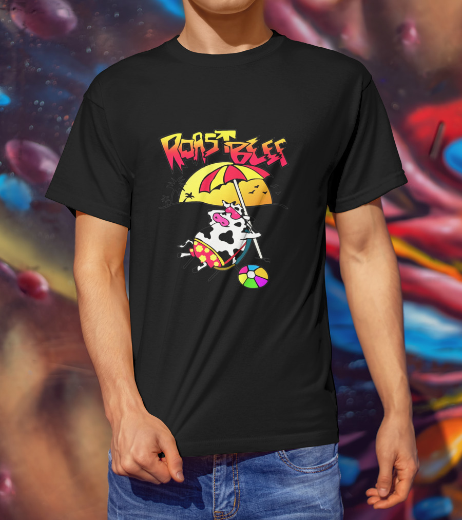 Roast Beef Sunset Cow With Umbrella And Beach Ball Fun T-Shirt