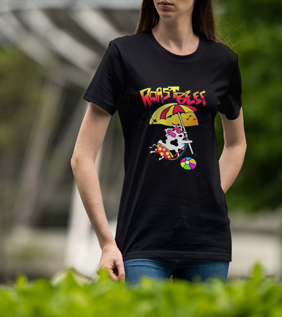 Roast Beef Sunset Cow With Umbrella And Beach Ball Fun T-Shirt