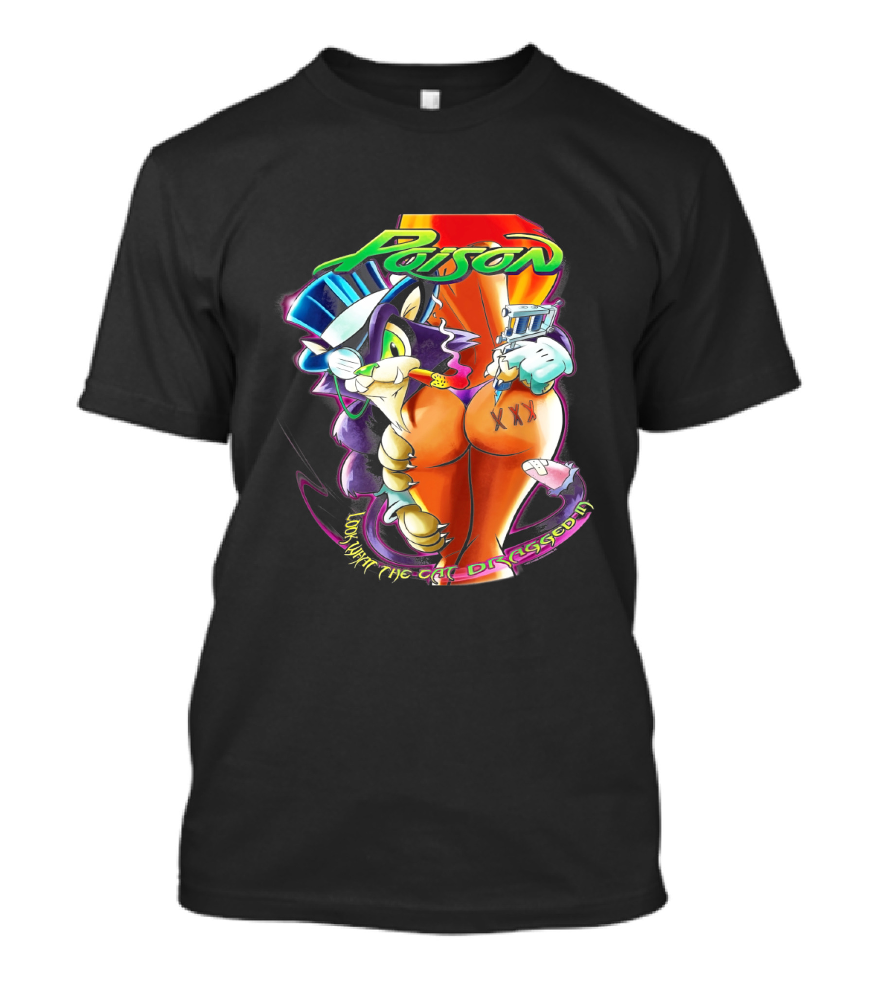 Poison Cartoon Cat Holding Tattoo Gun Text 'Look What The Cat Dragged In' T-Shirt