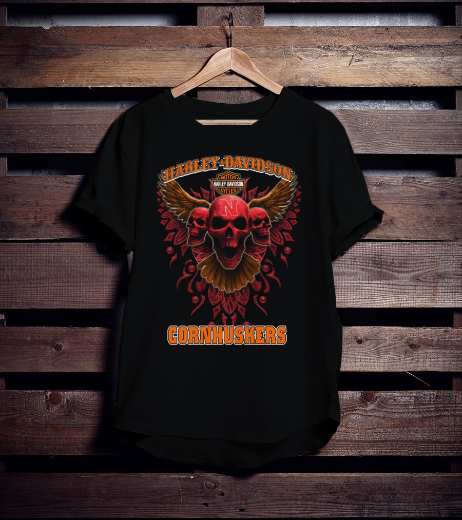 Harley Davidson Motor Cornhuskers Nebraska Skulls Ncaa T-Shirt
