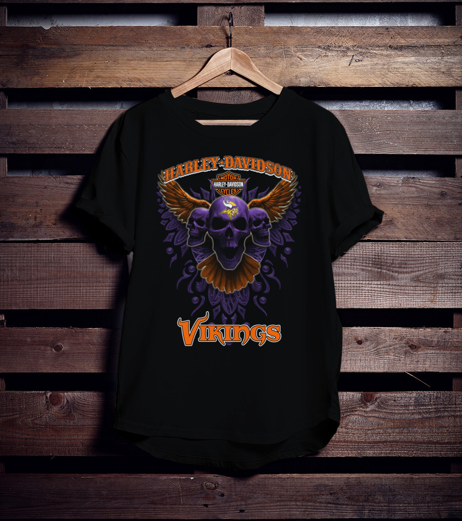 Harley Davidson Vikings Minnesota Nfl Skulls Art T-Shirt