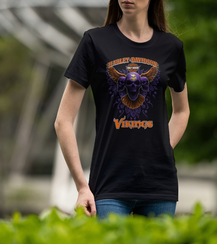 Harley Davidson Vikings Minnesota Nfl Skulls Art T-Shirt