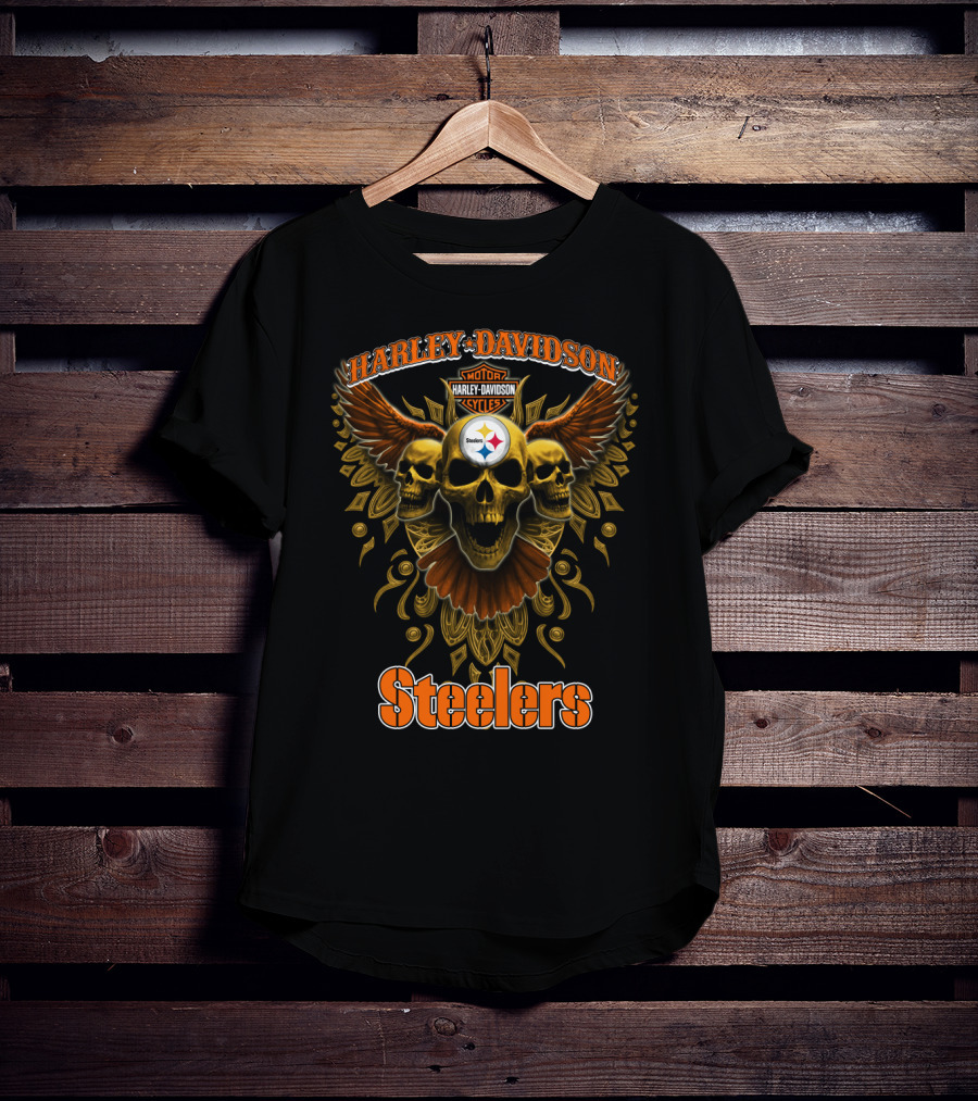 Harley Davidson Steelers Motor Cycles Skulls Wings T-Shirt