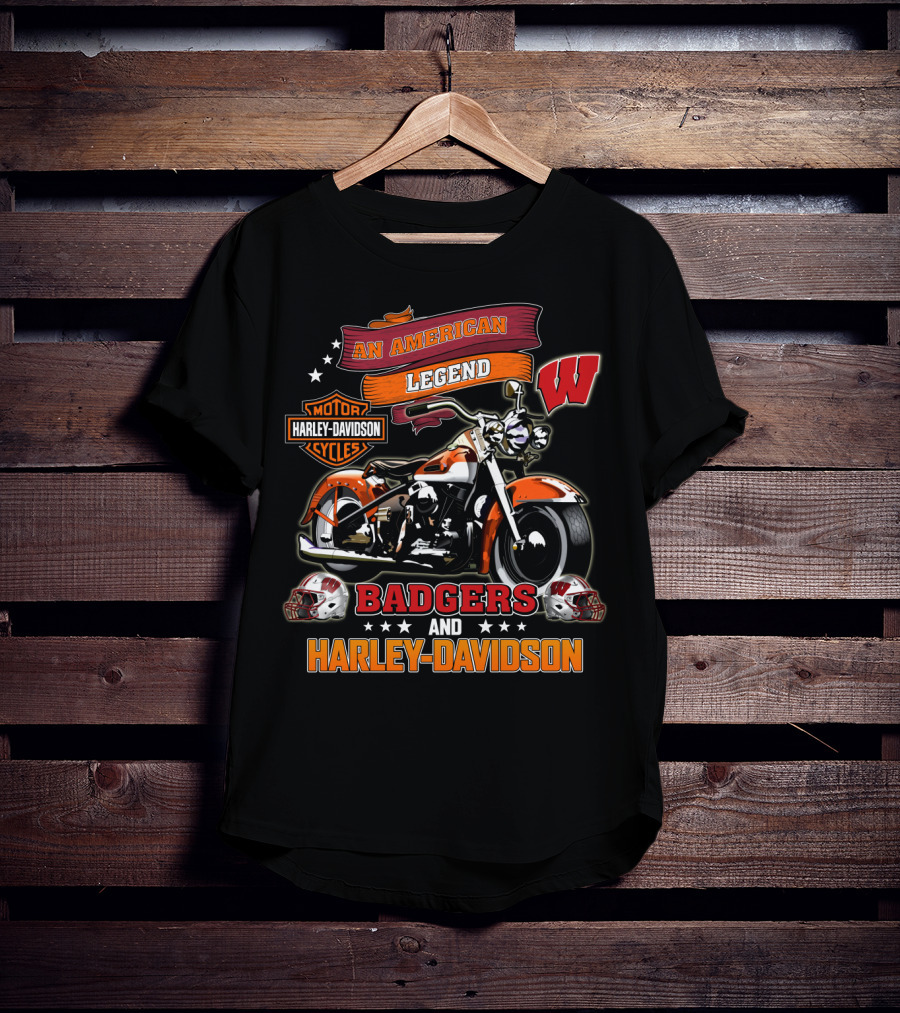 An American Legend Badgers Harley Davidson Motor Cycles W Logo Helmet T-Shirt