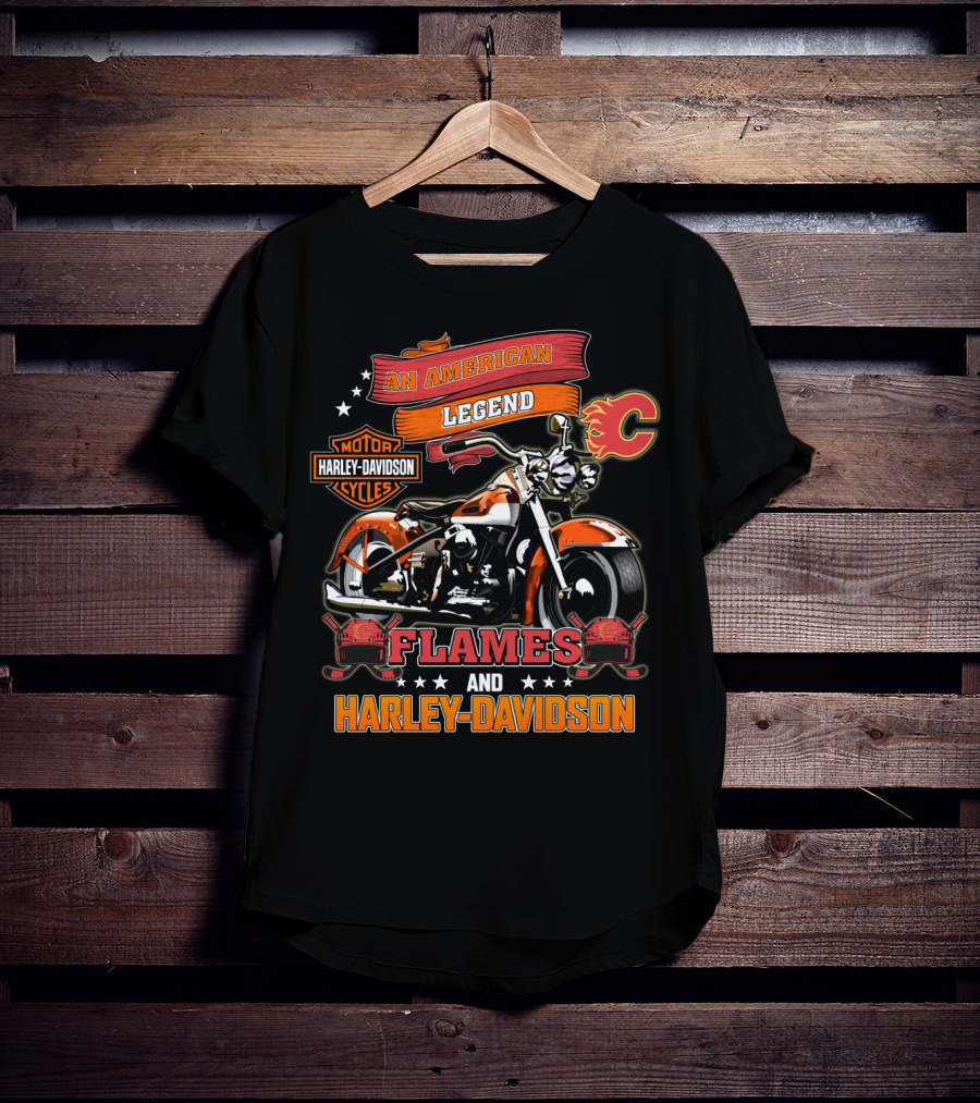 An American Legend Flames And Harley Davidson Calgary Nhl T-Shirt