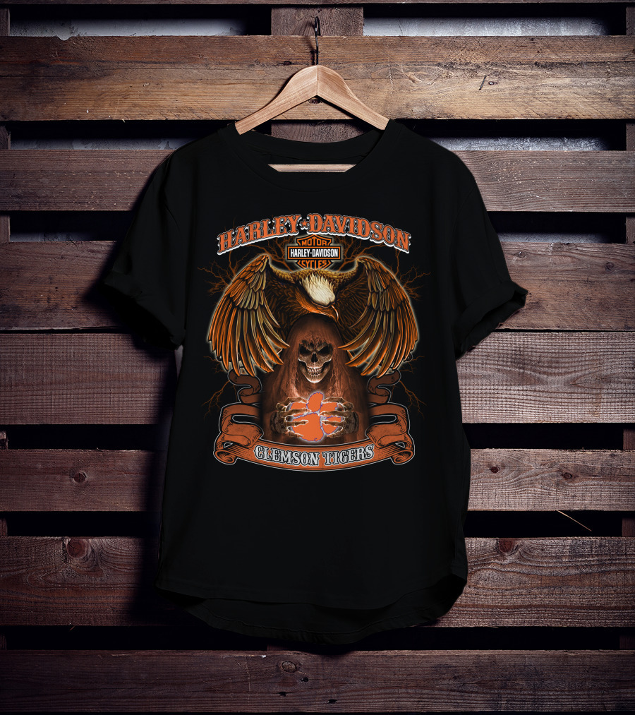 Harley Davidson Motorcycles Clemson Tigers Eagle Skeleton T-Shirt