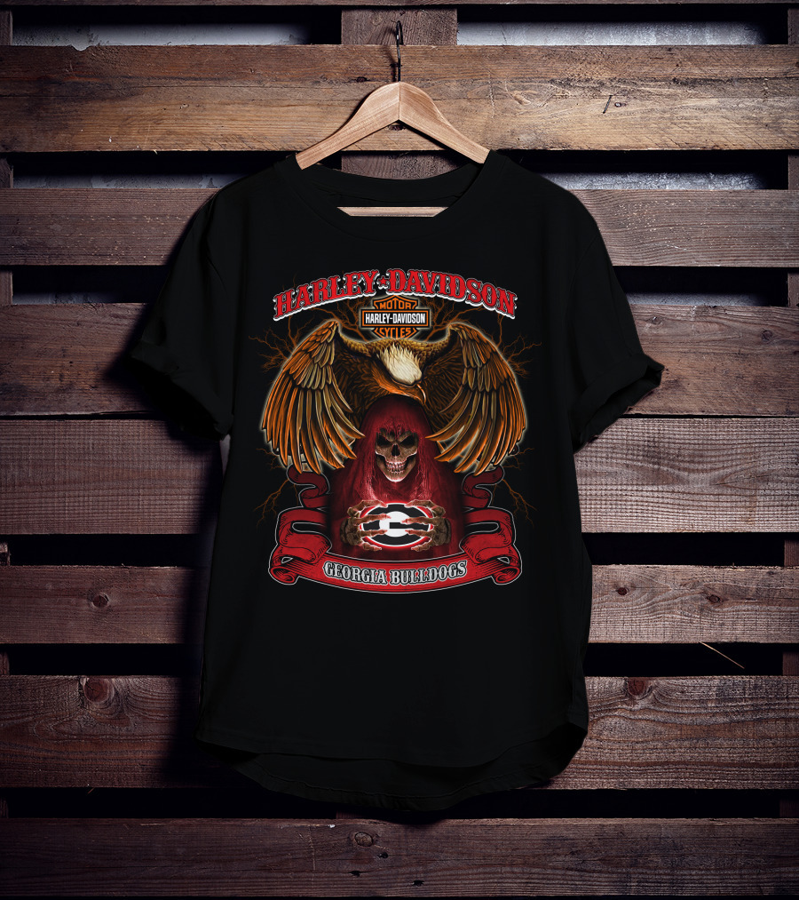 Harley Davidson Georgia Bulldogs Skull And Eagle Motorcycles T-Shirt