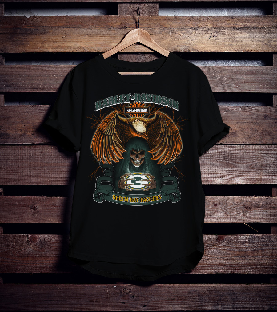 Harley Davidson Green Bay Packers Nfl Skull And Eagle T-Shirt