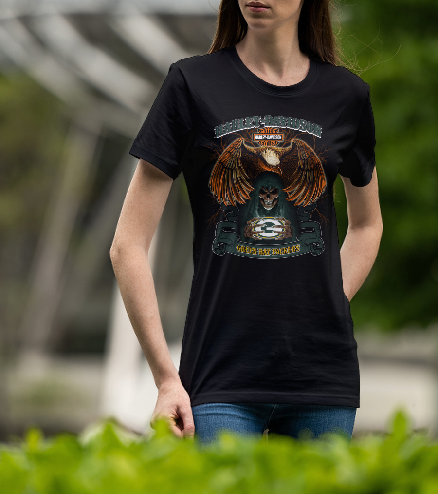 Harley Davidson Green Bay Packers Nfl Skull And Eagle T-Shirt