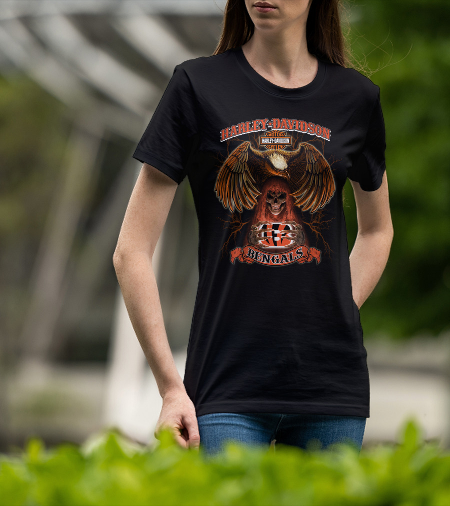 Harley Davidson Motor Cycles Cincinnati Bengals Eagle Skull T-Shirt