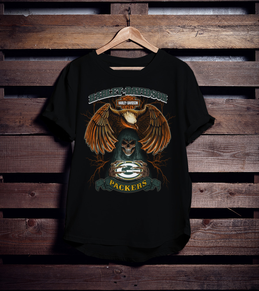 Harley Davidson Motor Cycles Packers Eagle Skull T-Shirt