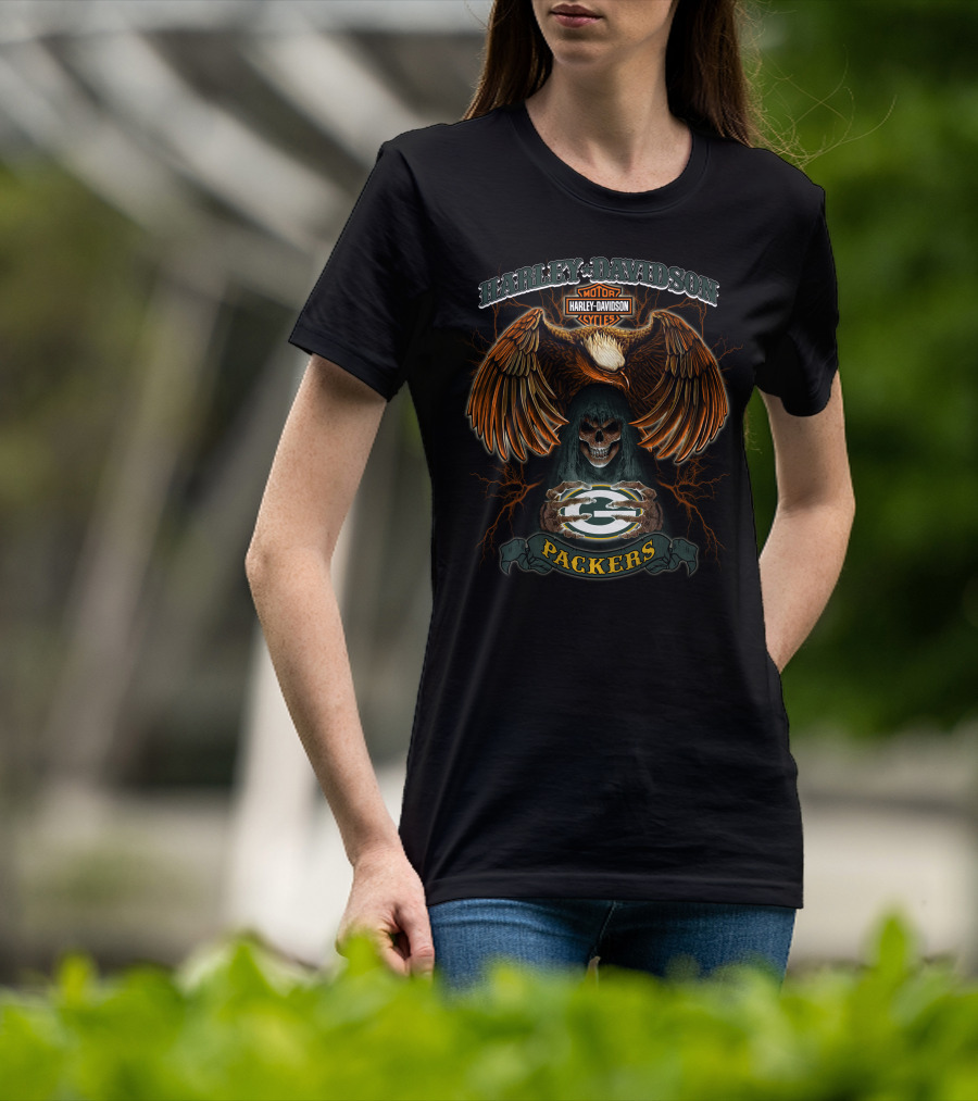 Harley Davidson Motor Cycles Packers Eagle Skull T-Shirt