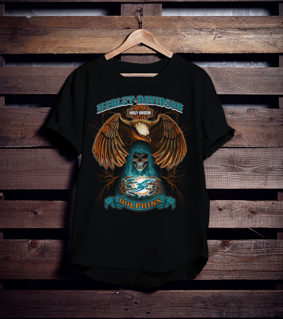 Harley Davidson Miami Dolphins Nfl Skull And Eagle Theme T-Shirt