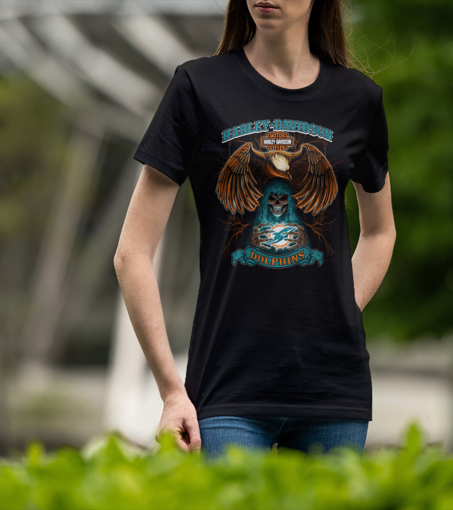 Harley Davidson Miami Dolphins Nfl Skull And Eagle Theme T-Shirt