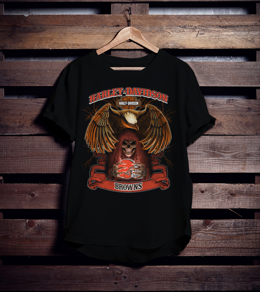Harley Davidson Motor Cycles Eagle Skull Browns Football T-Shirt