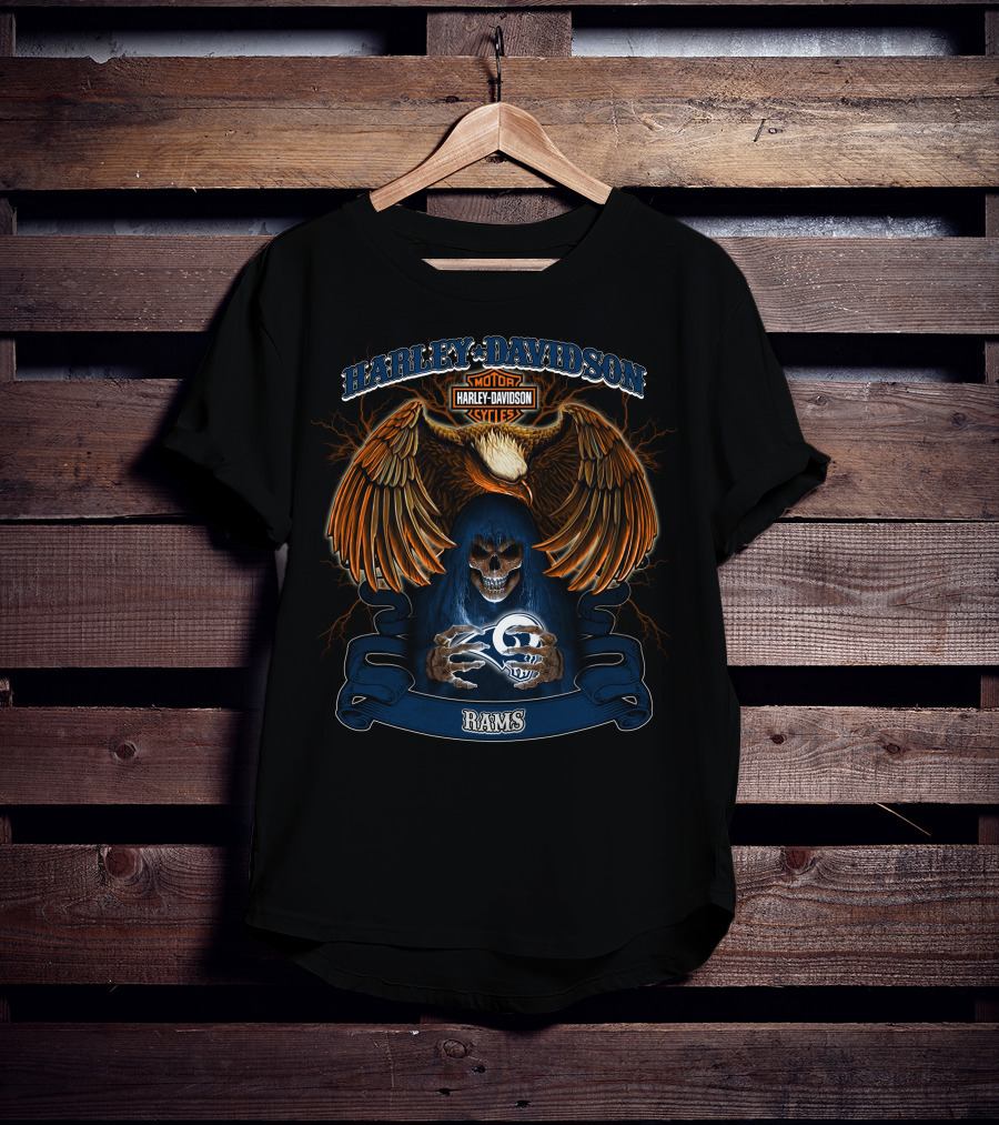 Harley Davidson Motorcycles Eagle Skull Nfl Rams T-Shirt