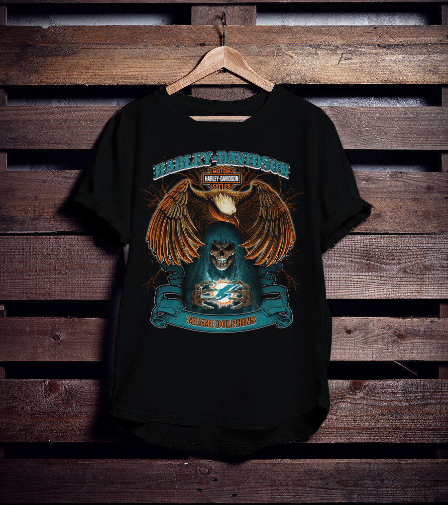 Harley Davidson Motorcycles Miami Dolphins Eagle Skull T-Shirt