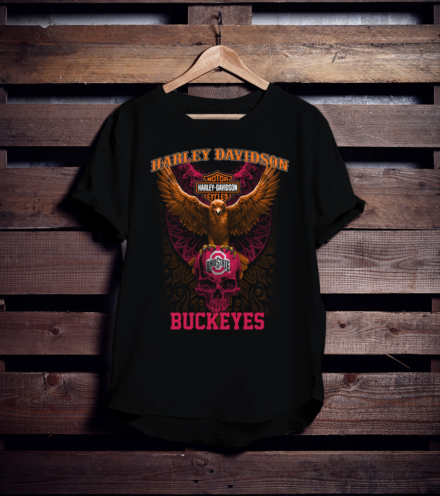 Harley Davidson Ohio State Buckeyes Motor Cycles Eagle Skull T-Shirt