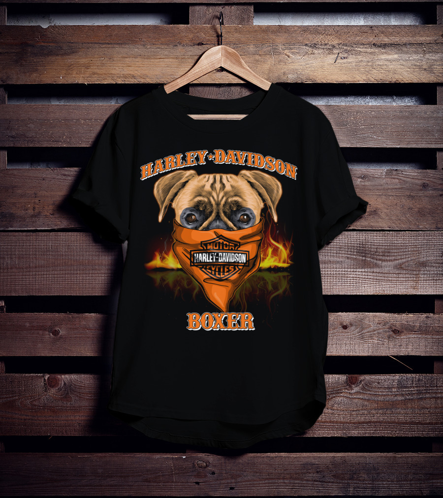Harley Davidson Motorcycles Boxer Dog In Bandana With Flames T-Shirt