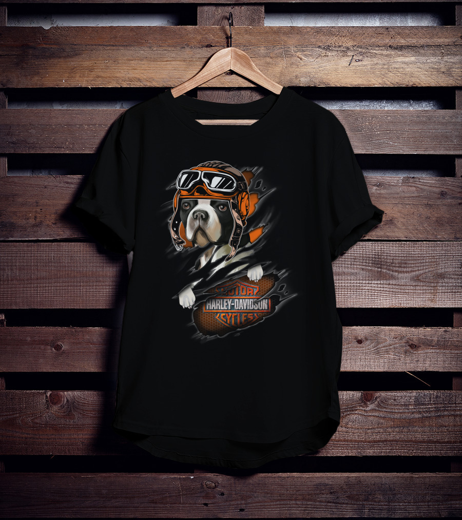 Boston Terrier Harley Davidson Cycles Vintage Aviator Helmet T-Shirt