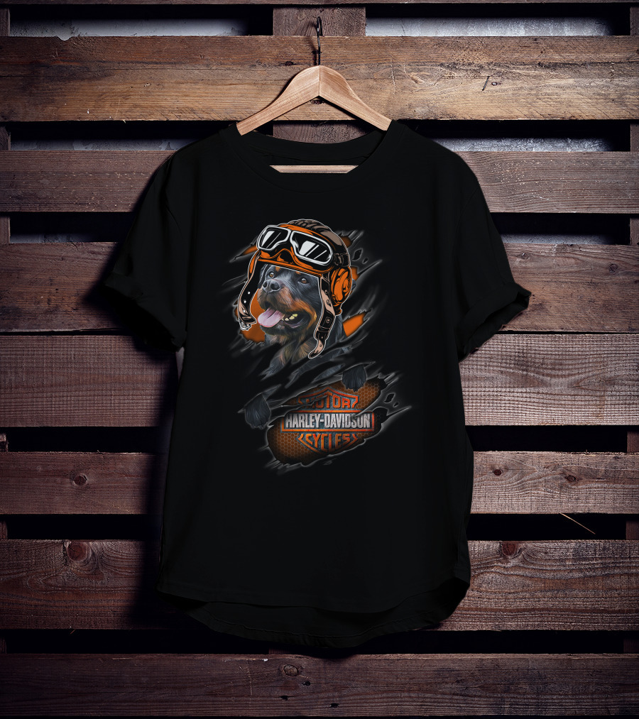 Rottweiler Wearing Biker Helmet Harley Davidson Motor Cycles T-Shirt