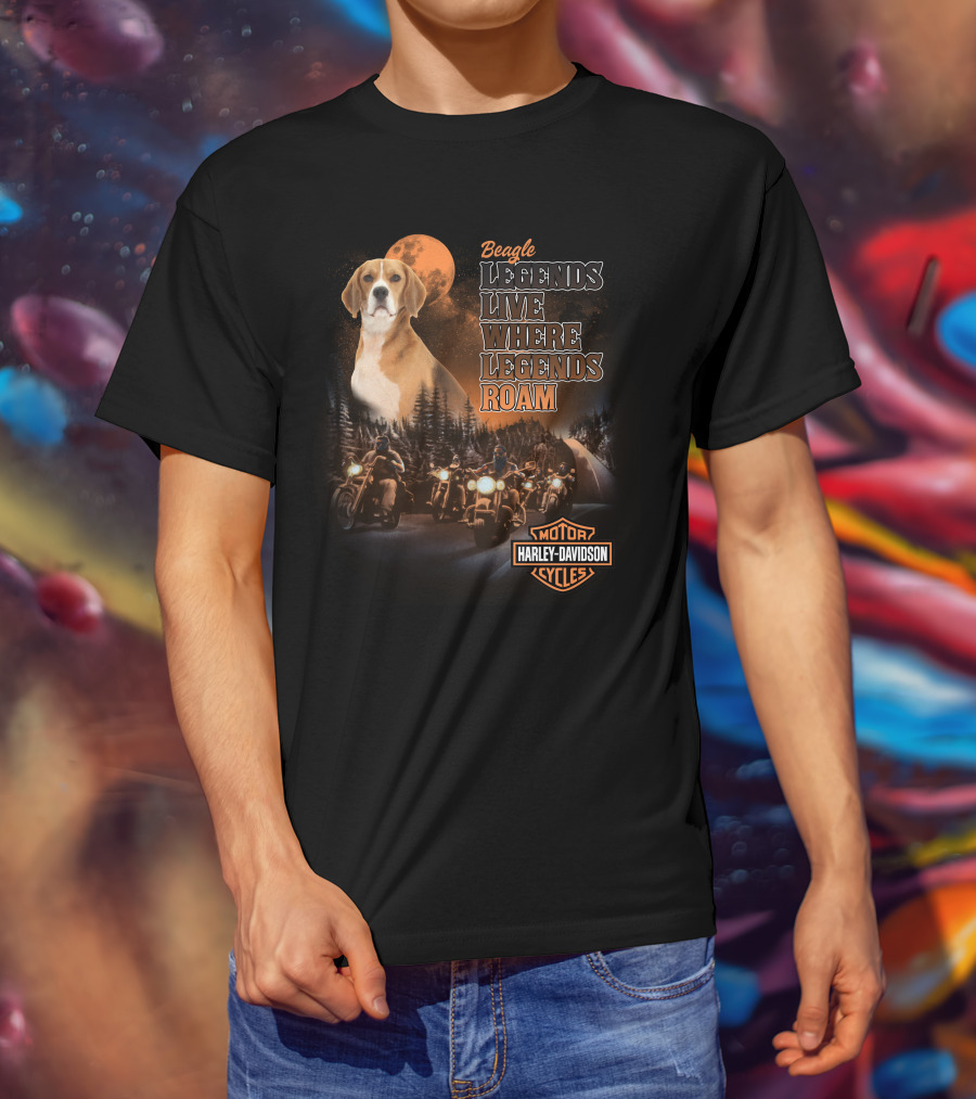 Beagle Legends Live Where Legends Roam Harley Davidson Cycles Moonlit Night T-Shirt