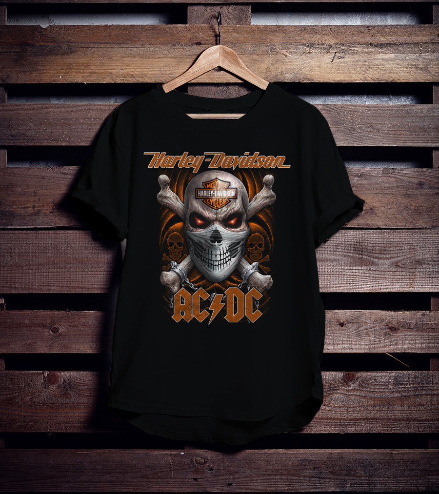Harley Davidson Ac/Dc Skull And Crossbones Motocycles T-Shirt