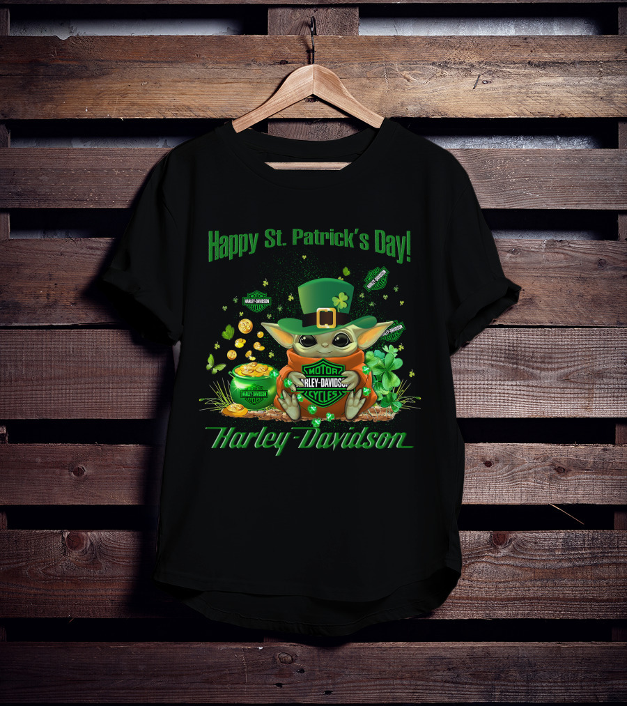 Happy St. Patrick's Day Baby Yoda Harley Davidson T-Shirt