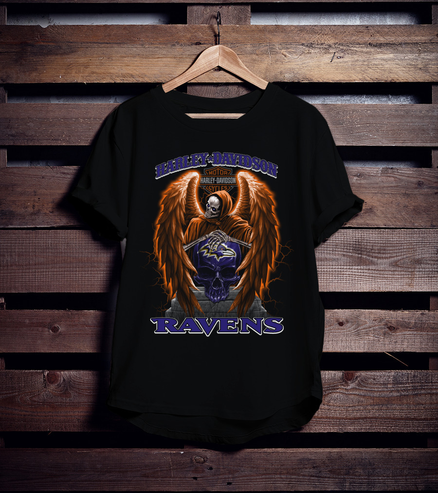 Harley Davidson Motorcycles Baltimore Ravens Nfl Skull Wings Skeleton T-Shirt