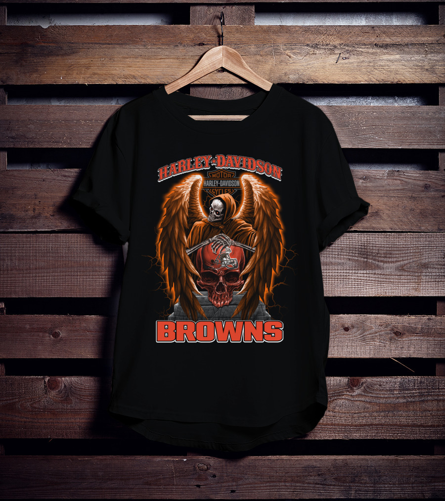 Harley Davidson Motorcycles Cleveland Browns Skull Angel Wings Nfl T-Shirt