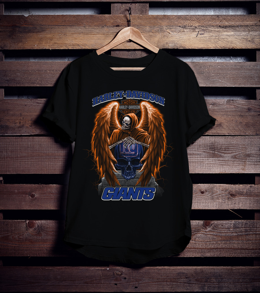 New York Giants Harley Davidson Nfl Collaboration With Skull And Wings T-Shirt