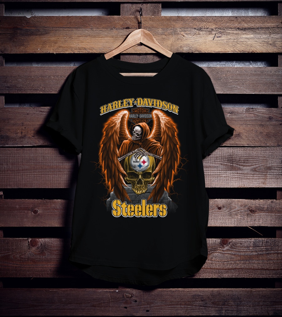 Harley Davidson Motorcycles Steelers Skull With Wings Nfl Pittsburgh T-Shirt