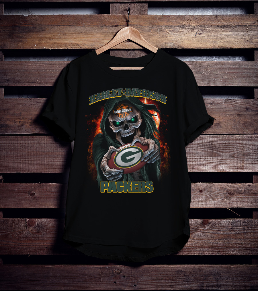 Harley Davidson Motor Cycles Green Bay Packers Skull T-Shirt