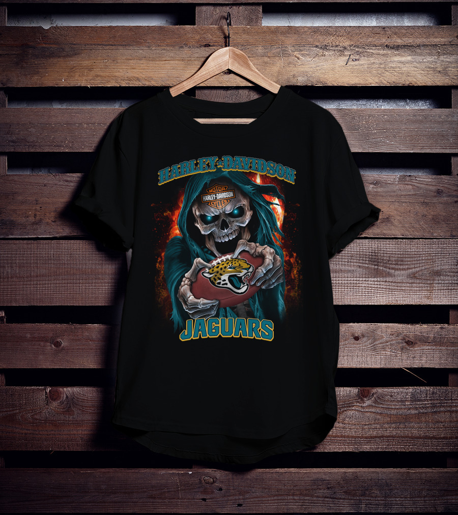Harley Davidson Motorcycles Skull Holding Jacksonville Jaguars Football Jaguars T-Shirt