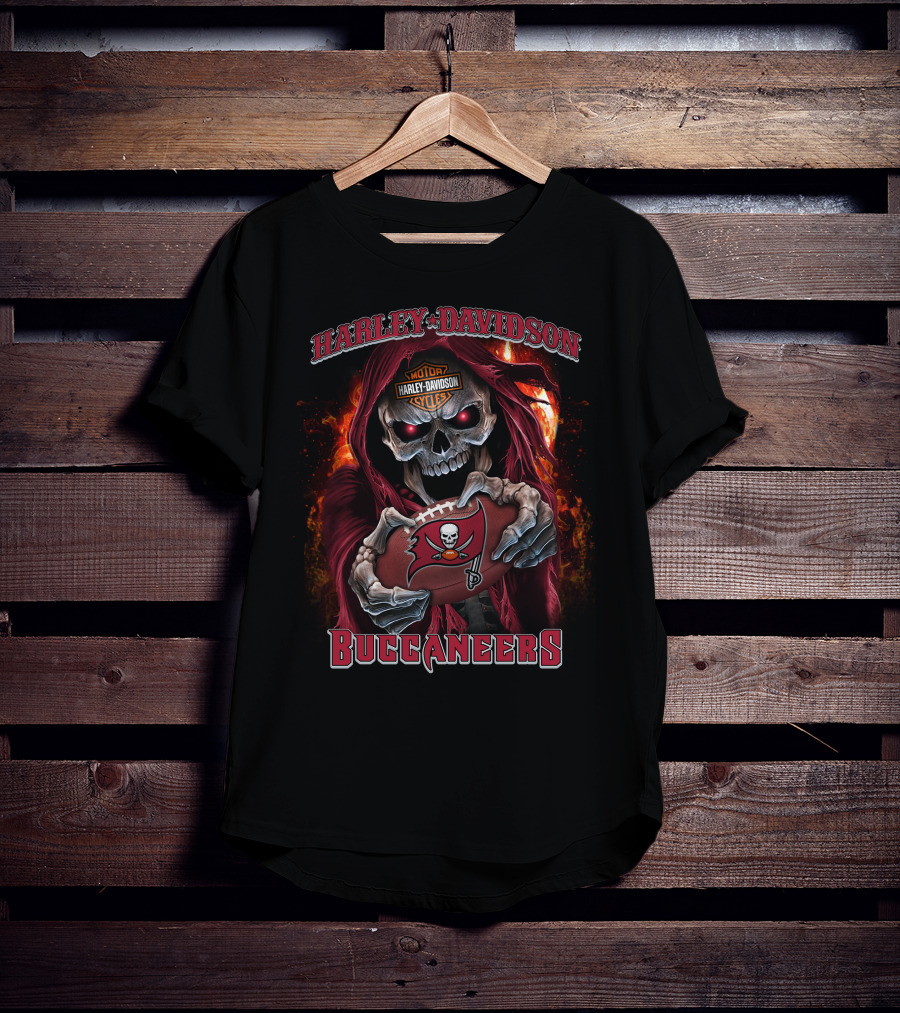 Harley Davidson Motor Cycles Buccaneers Skull Flames T-Shirt