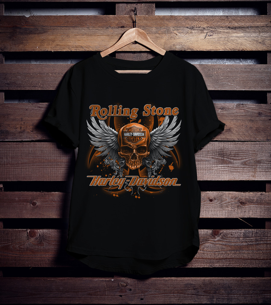 Rolling Stone Motor Harley Davidson Cycles Skull Wings T-Shirt